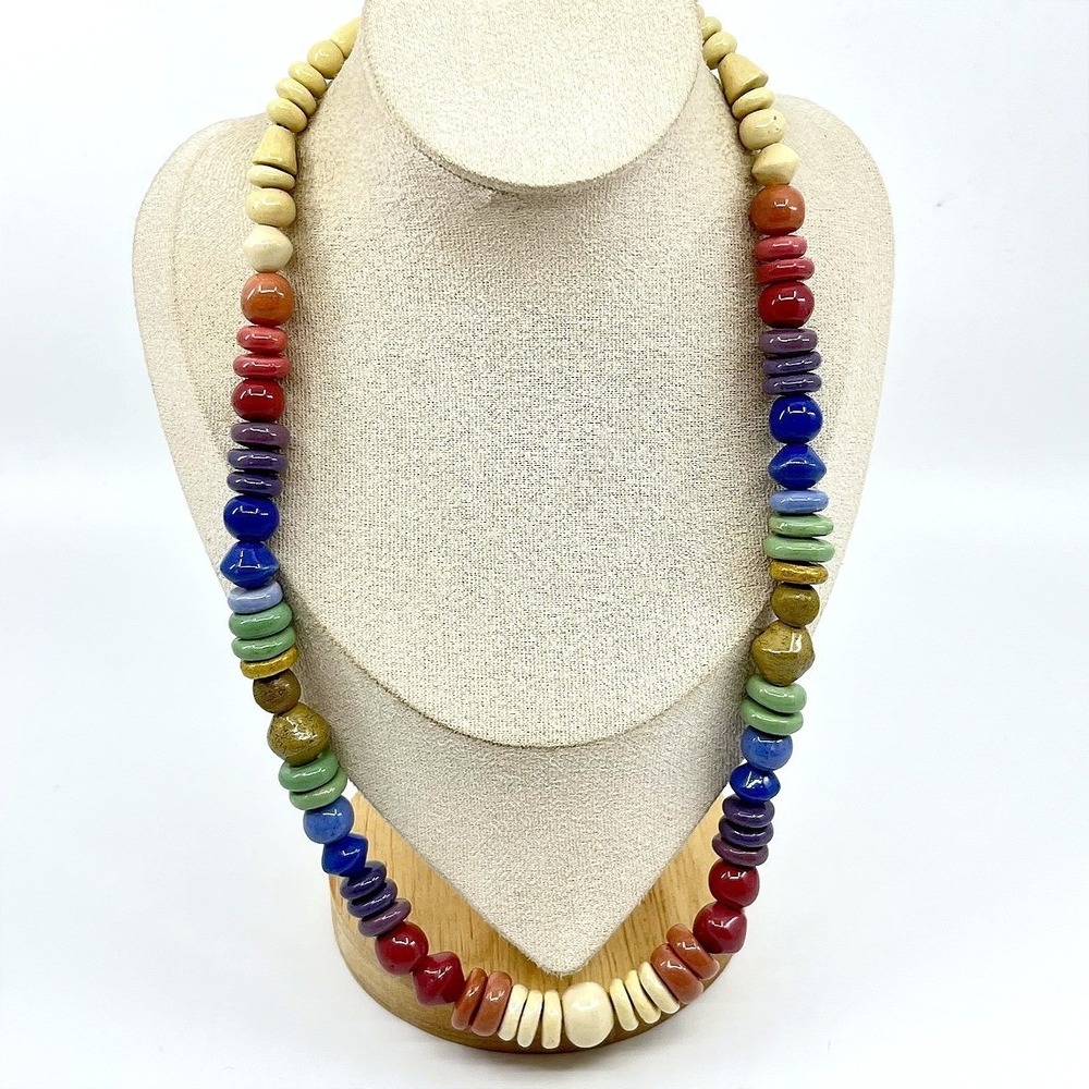 Vintage Boho Rainbow Ceramic Bead Necklace Multi-Color Hand Painted Chunky Retro